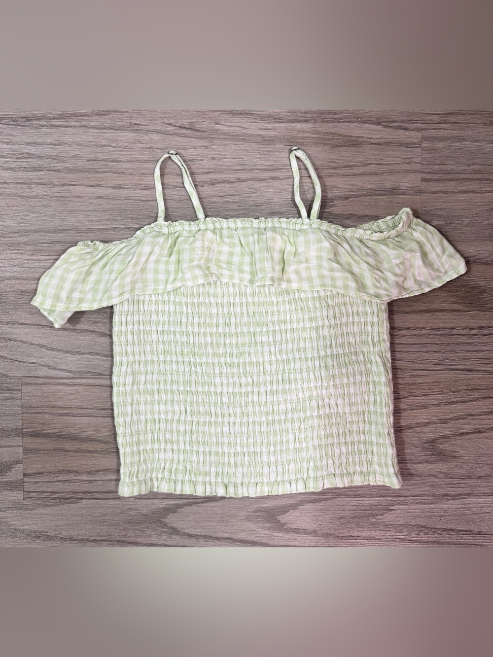 Abercrombie Kids Green/White Gingham Smocked Off-Shoulder Blouse Size 11/12